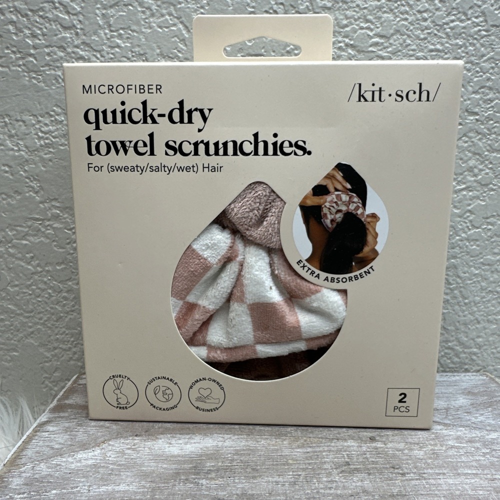$14 🌙 Kitsch Quick-Dry HAIR SCRUNCHIES X2 Terracotta Checker - NEW Sealed